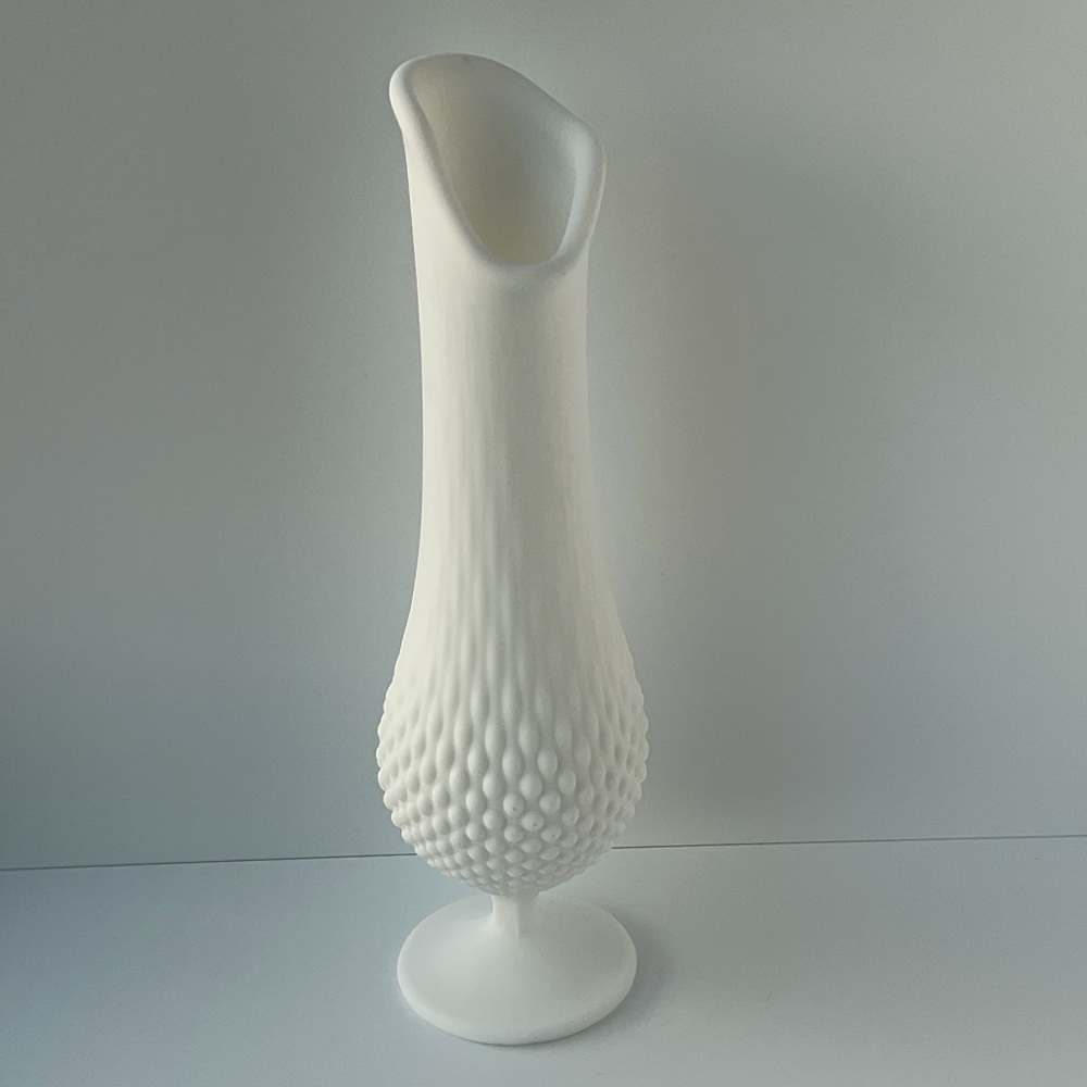 VTG Solid White Hobnail Matte Milk Glass Swung Vase MCM Fenton Style